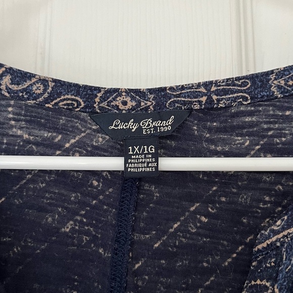 Lucky Brand Blue 3/4 Sleeve Boho Top Size 1X Spring Blouse Paisley Floral Print - Picture 4 of 8